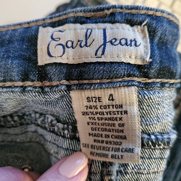 Earl Jeans Straight Leg Embellished Thick Stitching Crystal Button Flap Pocket 4 - Picture 10 of 16